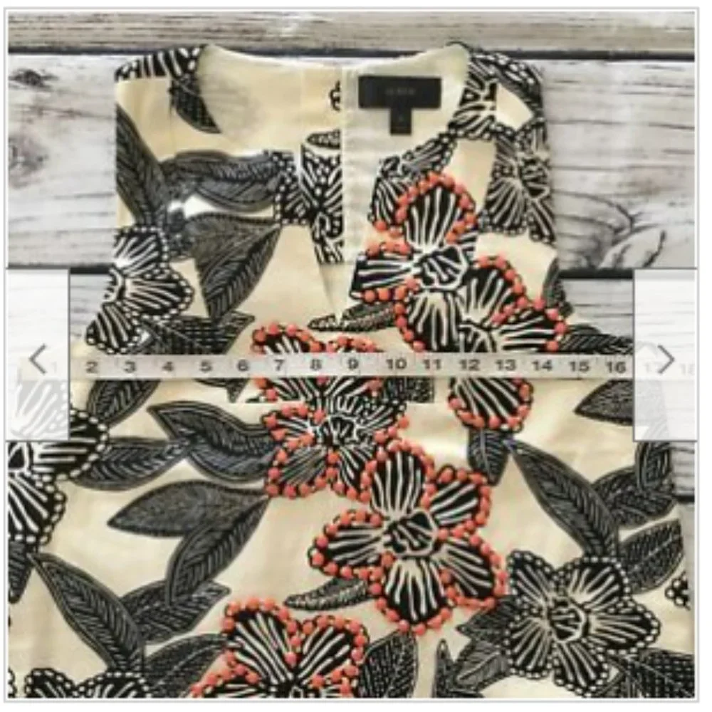 J Crew Beige Black Notched Shell‎ Blouse Top Polynesian Floral Print